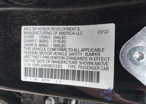 2022 Honda Civic Sport from USA, damaged, VIN 19XFL2H80NE013353